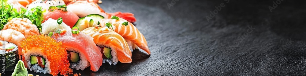 Taste the freshness of delicious sushi rolls and sashimi on a sleek black slate background Taste the freshness of delicious sushi rolls and sashimi on a sleek black slate background