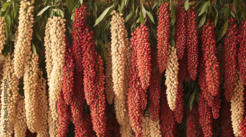 Fototapeta premium Hanging bushes with clusters of red and pink flowers forming a vibrant natural display.