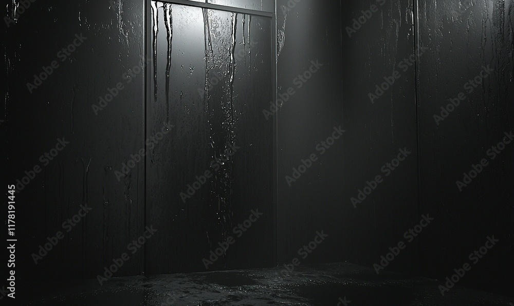 Obraz premium Dark, wet room with light shining through window, rain streaks, mysterious atmosphere.