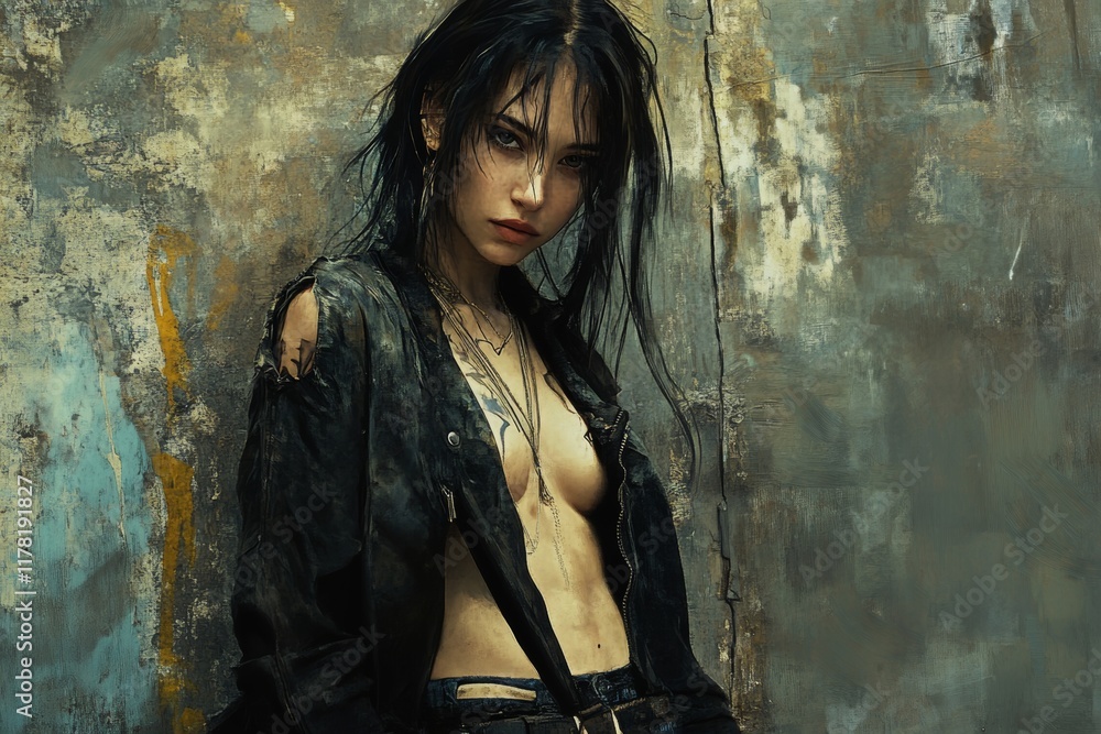 Fototapeta premium young woman dressed in grunge style clothes, grunge wall outdoors background