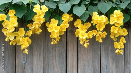 Real hanging flower bushes with bright yellow flowers adorning a rustic wooden fence.
