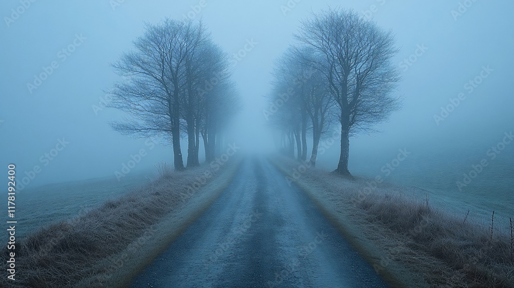Foggy Winter Road Lined With Bare Trees Foggy Winter Road Lined With Bare Trees
