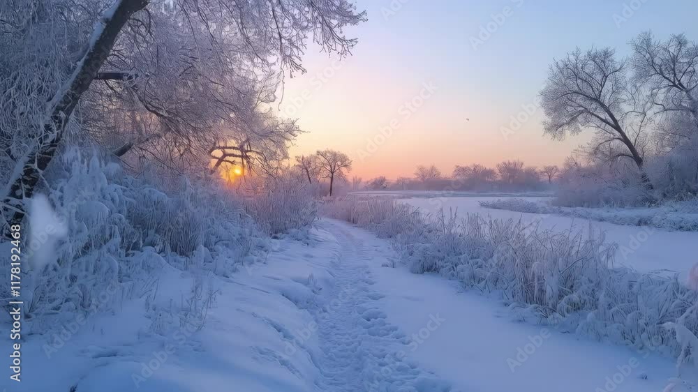 Snowy landscape with a path through it and a tree in the background. 4K Video Snowy landscape with a path through it and a tree in the background. 4K Video