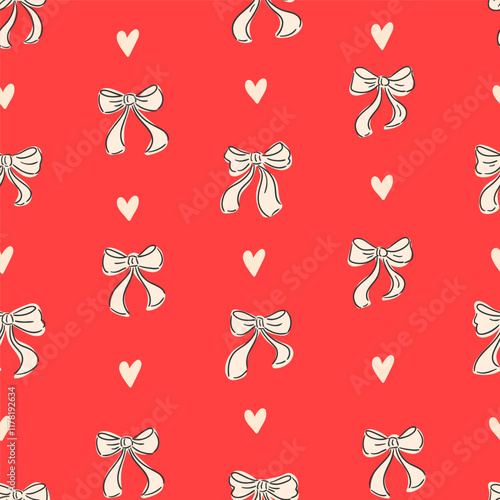 Bows and hearts seamless pattern for Valentines day. Preppy coquette repeat background. Cute romantic print, lovely wallpaper. Hand drawn bow knots, textile, gift paper. Vector illustration.