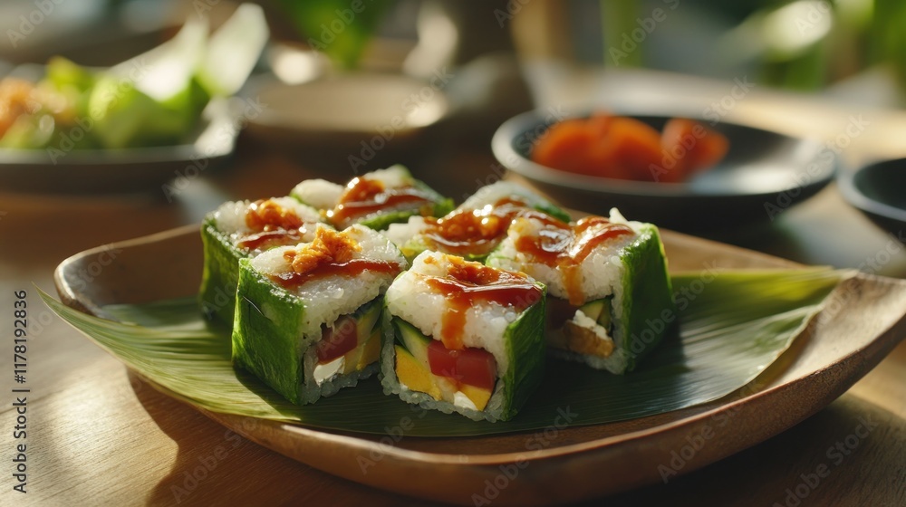 Indonesian fusion sushi rolls with sambal mayo drizzle, Indonesian fusion sushi rolls with sambal mayo drizzle,