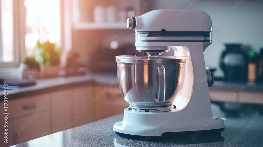 High-tech, multi-function food processor with a sleek design on a granite kitchen countertop High-tech, multi-function food processor with a sleek design on a granite kitchen countertop