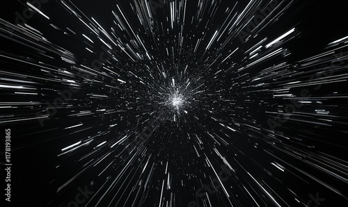 Hyperspace jump through stars, streaks of light, cosmic travel background.