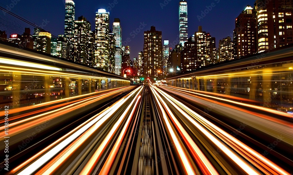Fototapeta premium Light trails of train at night with city skyline in background.