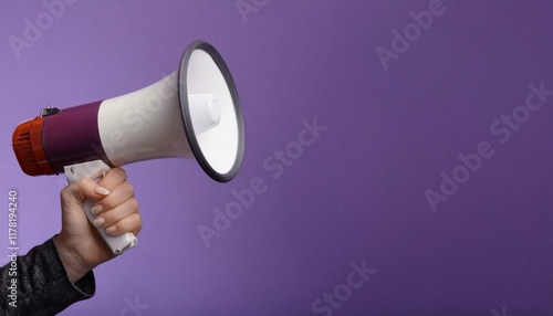 Holding megaphone speaker on purple background