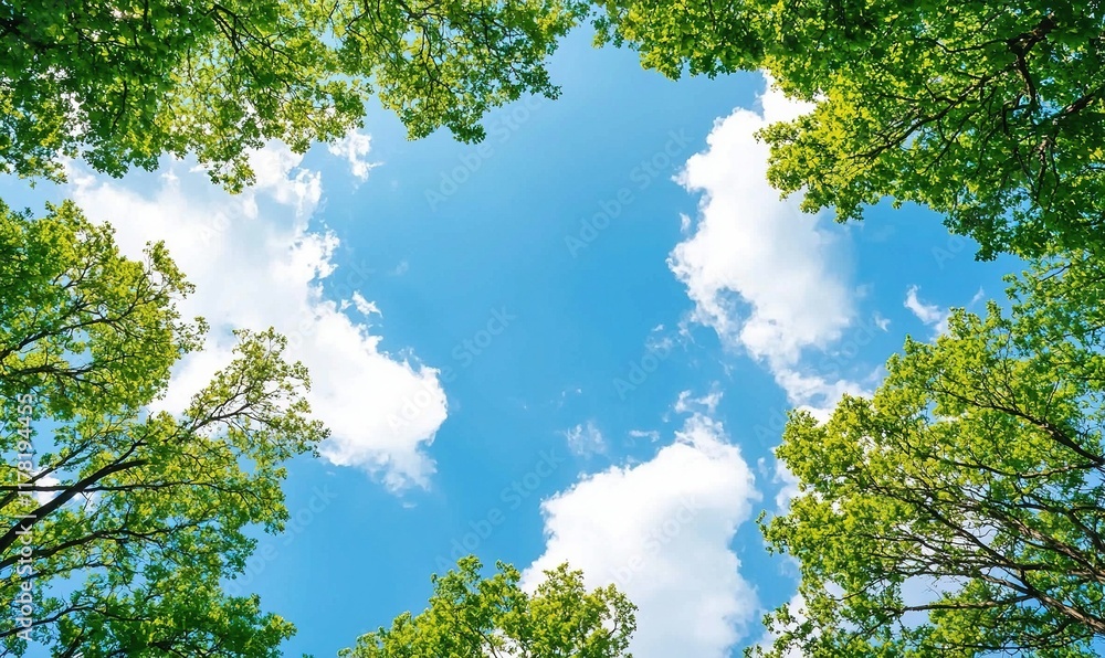 Lush green trees frame a bright blue sky with fluffy white clouds, ideal for nature backgrounds. Lush green trees frame a bright blue sky with fluffy white clouds, ideal for nature backgrounds.
