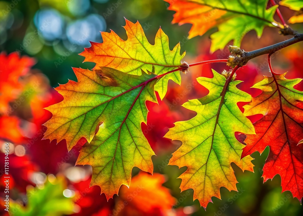 Vibrant Green and Red Oak Leaves in Autumn Sunlight - Candid Nature Photography Vibrant Green and Red Oak Leaves in Autumn Sunlight - Candid Nature Photography