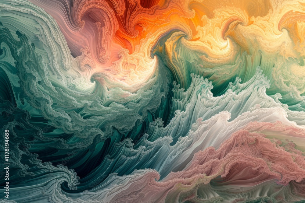 A mesmerizing swirl of vibrant colors and fractal patterns captures the essence of liquid waves flowing harmoniously in a surreal landscape reminiscent of an infinite ocean at dawn A mesmerizing swirl of vibrant colors and fractal patterns captures the essence of liquid waves flowing harmoniously in a surreal landscape reminiscent of an infinite ocean at dawn