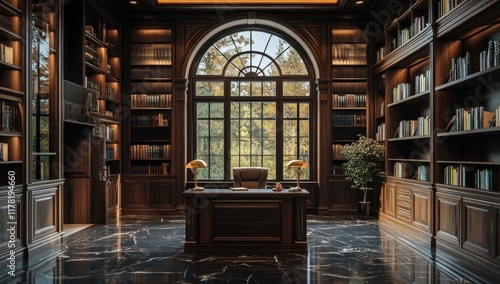Wallpaper Mural Luxurious study with large arched window, wooden bookshelves, and a dark wooden desk. Torontodigital.ca