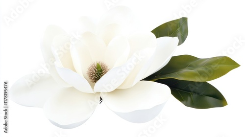 A white magnolia flower with green leaves, symbolizing beauty.