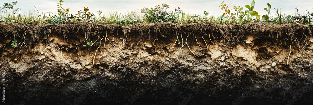 Obraz premium A cross-section of biodynamic soil, showcasing the rich layers of nutrients and organisms, with roots of plants stretching down into the earth, symbolizing life and sustainability. 