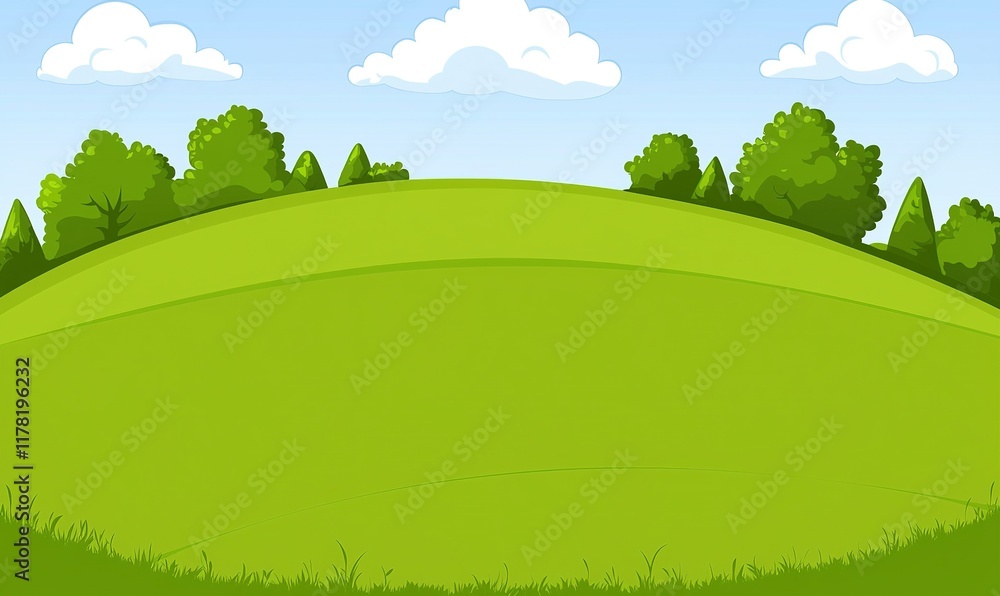 Obraz premium Rolling green hills landscape with trees and blue sky background, ideal for nature scenes.