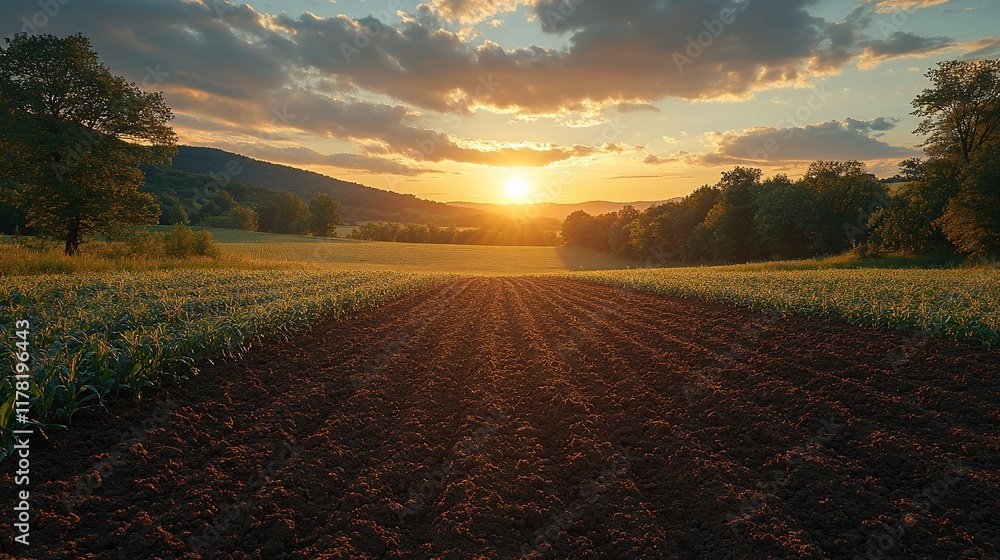 Obraz premium Sunset over farmland showing plowed field and growing corn