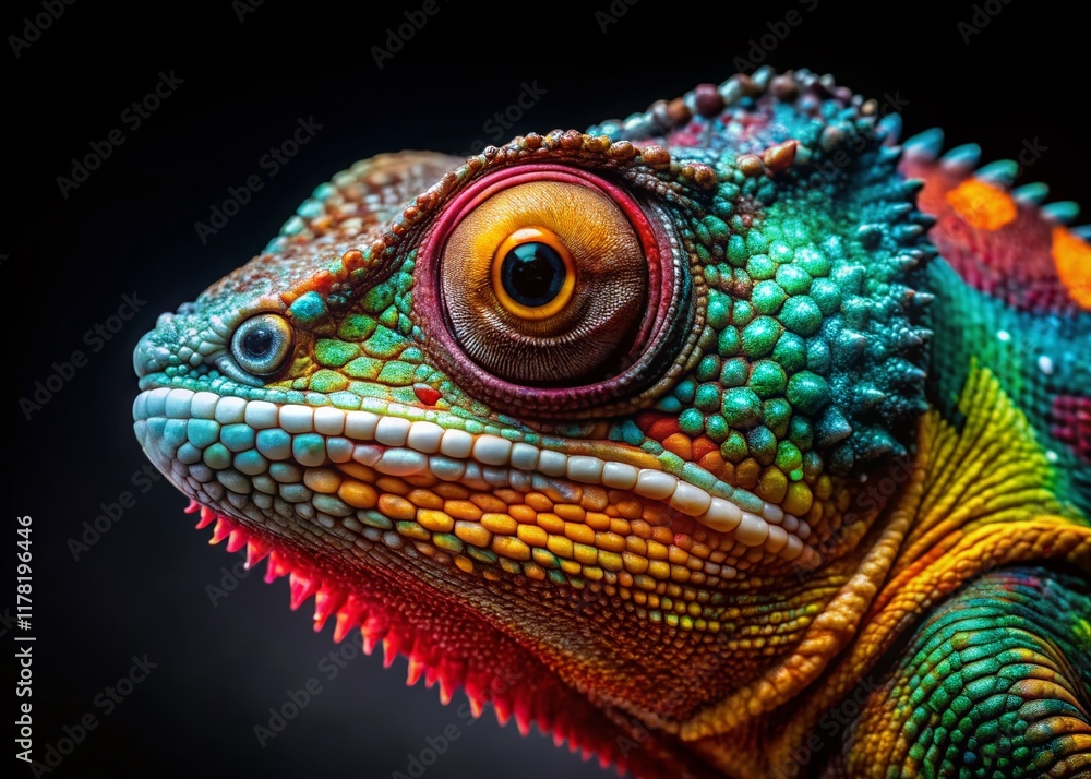 Fototapeta premium Vibrant Panther Chameleon Close-up: Colorful Reptile Portrait against Black Background