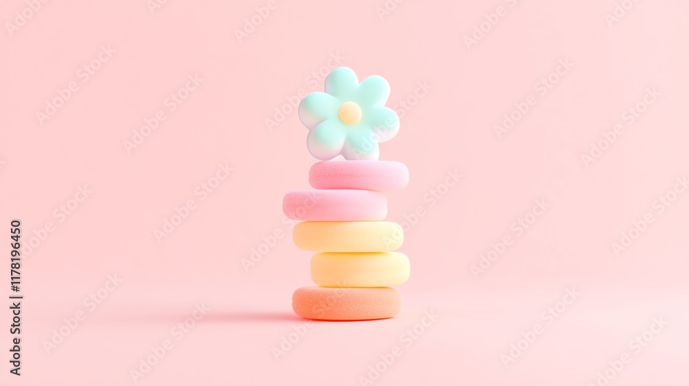 A stack of colorful, pastel candies topped with a flower-shaped sweet against a soft pink background.