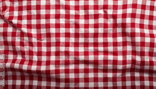 Red white checkered picnic tablecloth as background, top view