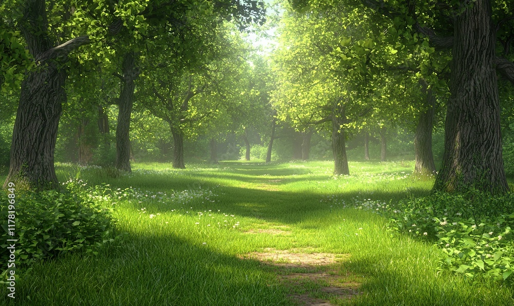Naklejka premium Sunlit path through a lush green forest clearing with wildflowers, ideal for nature backgrounds.