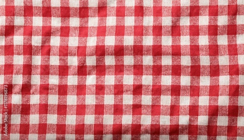 Red white checkered picnic tablecloth as background, top view