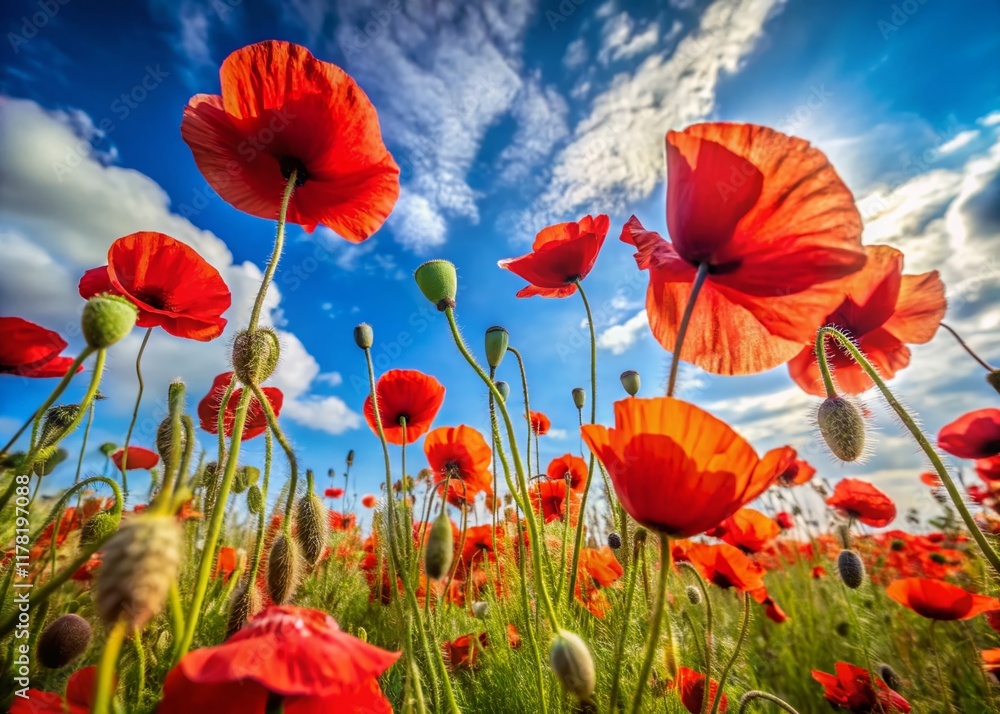 Fototapeta premium Vibrant Poppy Field in Springtime, Swaying Flowers Under Blue Sky