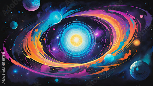 Cosmic abstract design with vibrant colors and swirling galaxies photo