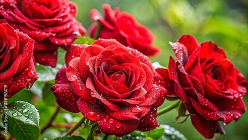 Fototapeta Naklejka Na Ścianę i Meble -  Vibrant Red Roses Close-Up After Rain, Lush Garden Background - Stock Photo