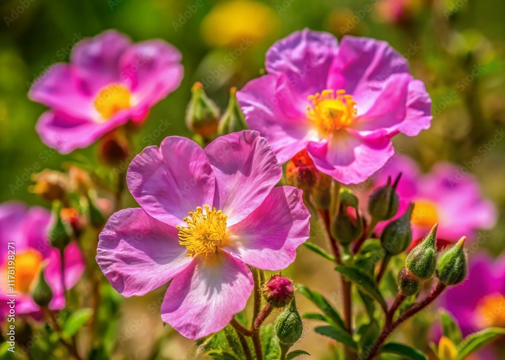 Vibrant Rock Rose Cistus Flowers in a Wild Meadow, Candid Close-Up Shot Vibrant Rock Rose Cistus Flowers in a Wild Meadow, Candid Close-Up Shot