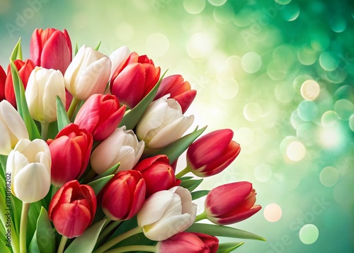 Vibrant Red & White Tulip Bouquet on Pastel Green - Easter, Spring, Birthday Gift