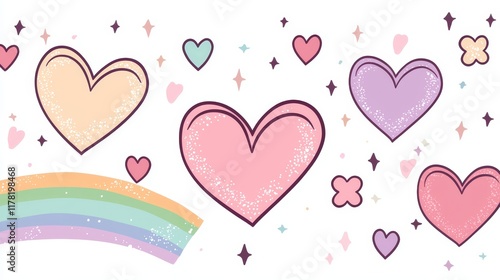 Playful child sketch style, flowers and hearts on a rainbow-colored background, charming hand-drawn feel for kids' design photo