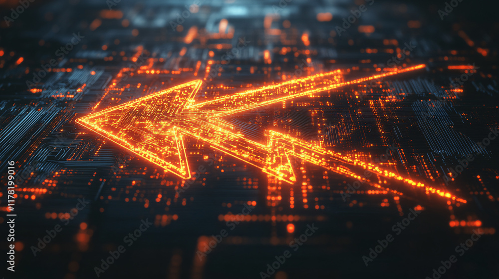 Fototapeta premium A digital representation of an arrow made from circuit patterns, glowing brightly against a dark background, symbolizing technology and progress. 