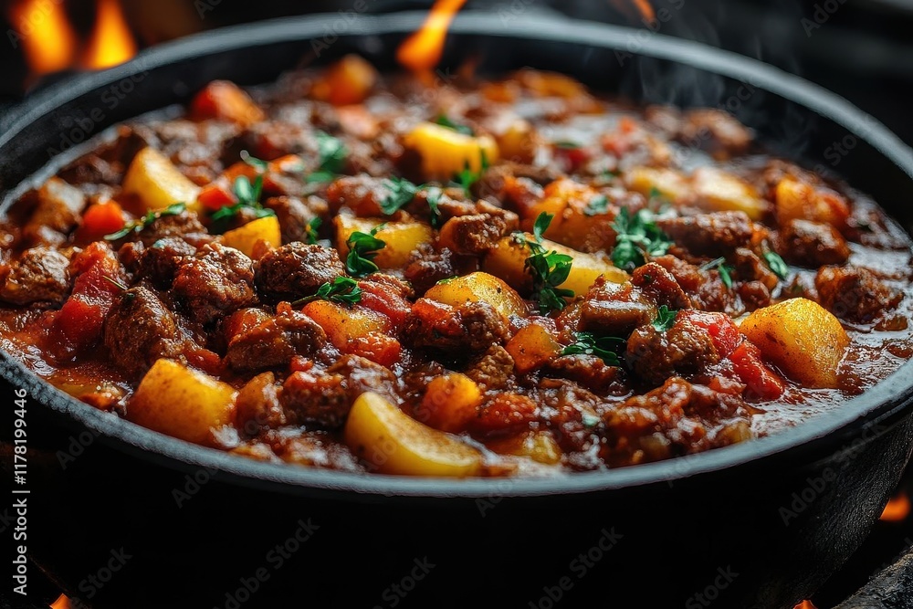 rustic hungarian goulash simmering in a cast iron pot over open flames capturing the essence of traditional campfire cooking and warmth rustic hungarian goulash simmering in a cast iron pot over open flames capturing the essence of traditional campfire cooking and warmth