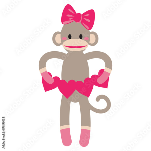 Cute and funny Valentine sock monkey girl vector cartoon illustration