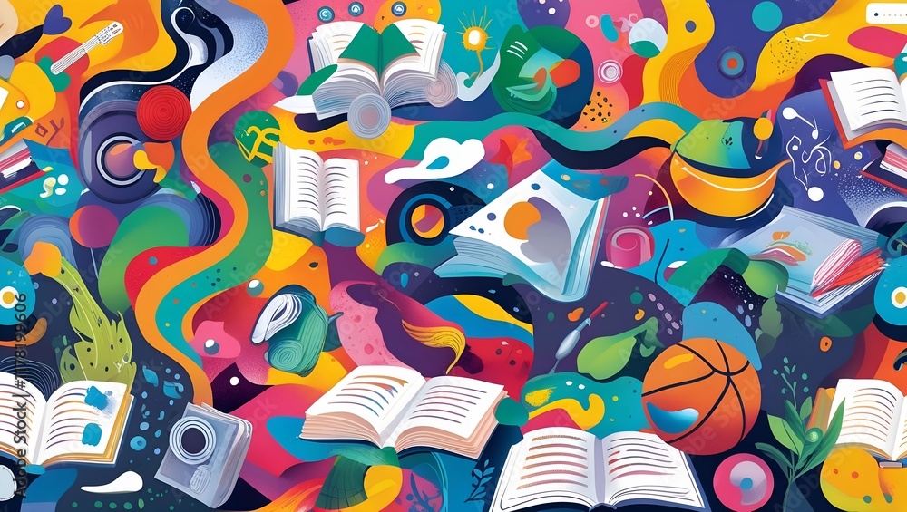 Obraz premium An abstract representation of diverse interests. Showing a fusion of modern abstract and playful illustration, with a sense of movement and excitement, capturing the joy of pursuing passions.
