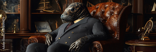 A dignified elephant seal in a 1940s pinstripe suit, lounging on a vintage office chair, surrounded by heavy mahogany furniture and antique nautical instruments.  