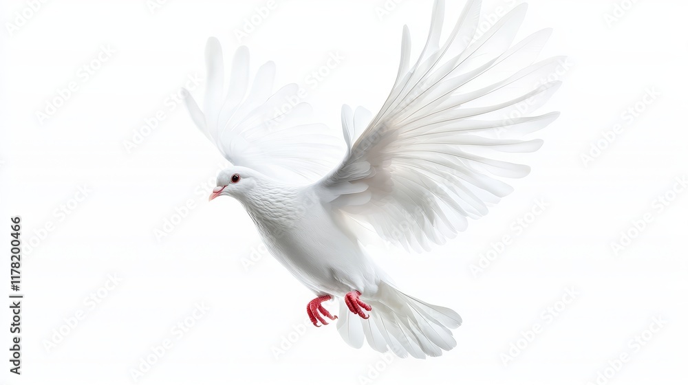 Fototapeta premium Dynamic white dove soaring, wings open in action pose, ultra-realistic texture, isolated on white background