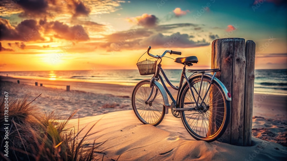 Fototapeta premium Vintage Bicycle on Sandy Beach, Coastal Summer Scene, Sunlit Seascape, Oceanside Cycling
