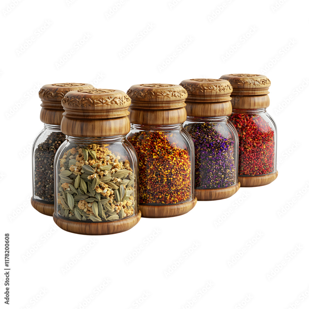 Set of Four Lantern-Shaped Spice Jars Isolated on Transparent Background Set of Four Lantern-Shaped Spice Jars Isolated on Transparent Background