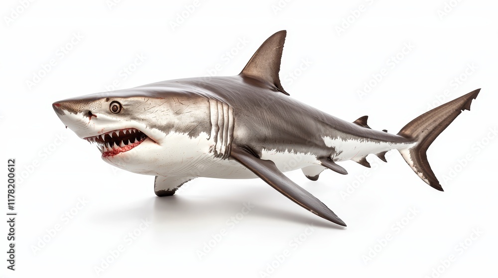 Fototapeta premium Fierce shark with intense eyes, mouth open, teeth sharp, isolated on a clean white background, perfect for high-impact advertising