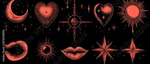 Red celestial icons on black background for mystical projects