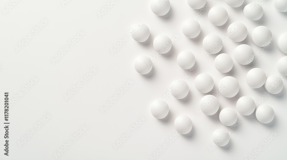 Overhead view of scattered white round pills with soft shadows on a white surface, conveying simplicity and clarity, optimized for ad content Overhead view of scattered white round pills with soft shadows on a white surface, conveying simplicity and clarity, optimized for ad content