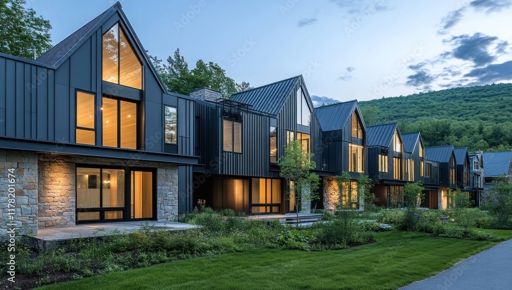 Modern mountain homes at dusk. Modern mountain homes at dusk.