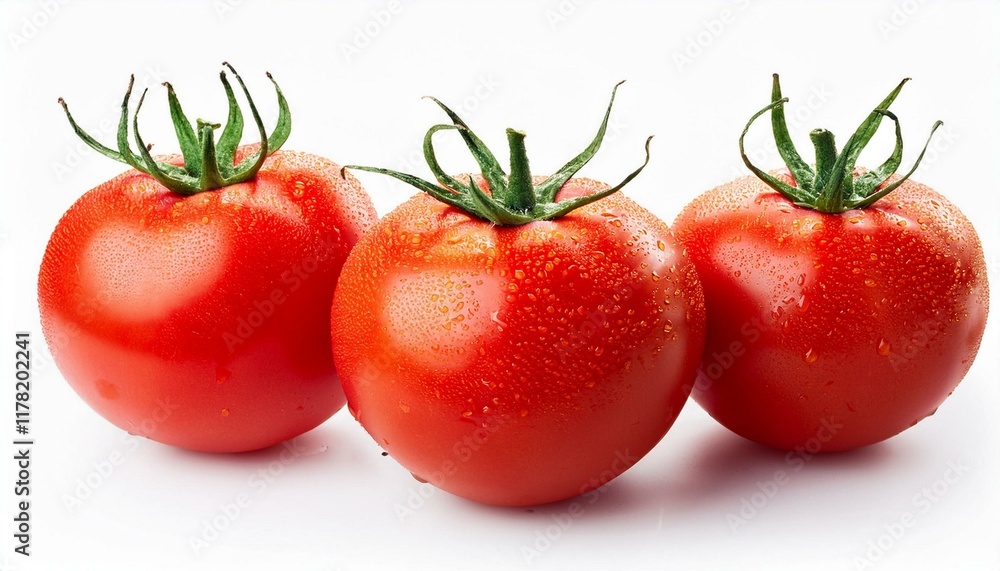Three tomatoes in water drops on isolated white background Three tomatoes in water drops on isolated white background