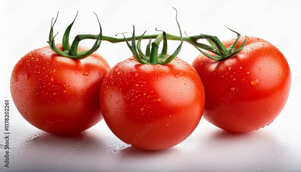 Three tomatoes in water drops on isolated white background Three tomatoes in water drops on isolated white background