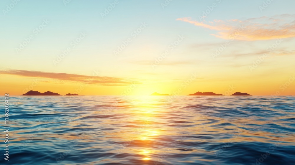 Fototapeta premium Serene sunset over calm ocean waters with distant islands.