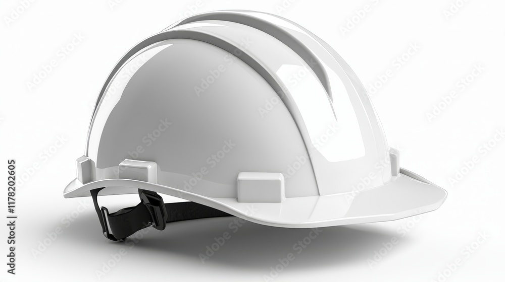 Fototapeta premium White safety helmet, angled perspective, bold contrast and shadows, realistic detailing, isolated on white background