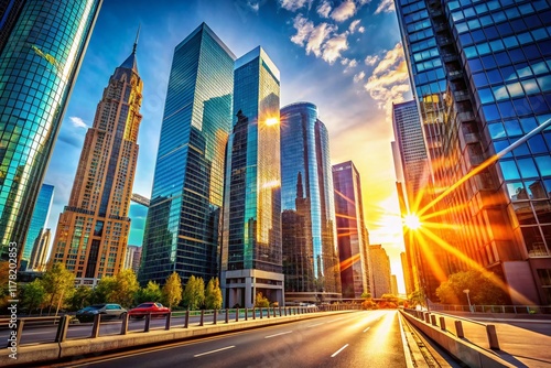 Vintage Futuristic Cityscape: Glossy Skyscrapers at Midday