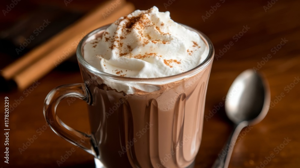 Hot Chocolate with Whipped Cream and Cinnamon in Glass Cups Hot Chocolate with Whipped Cream and Cinnamon in Glass Cups